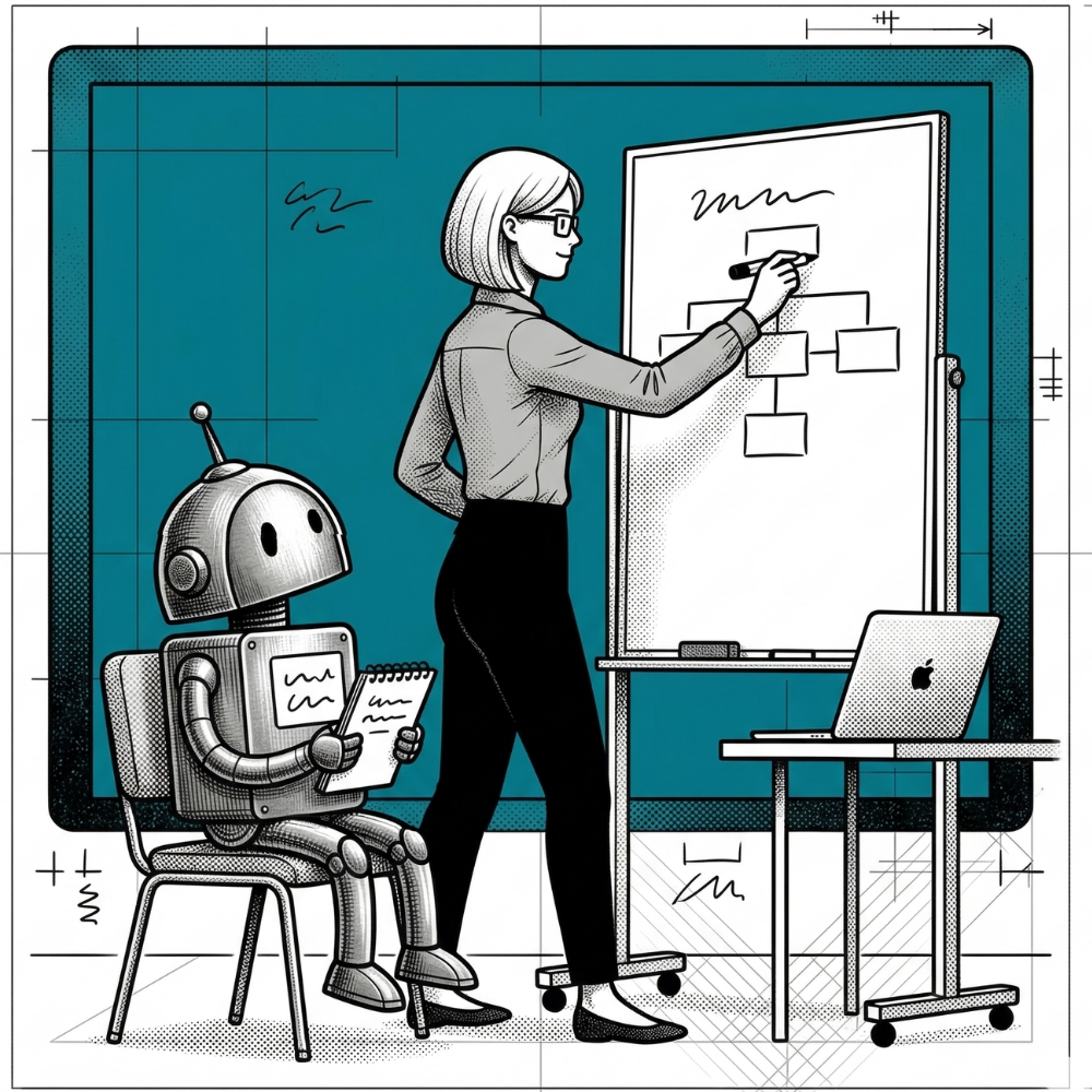 Produktägare vid whiteboard med AI-assistent